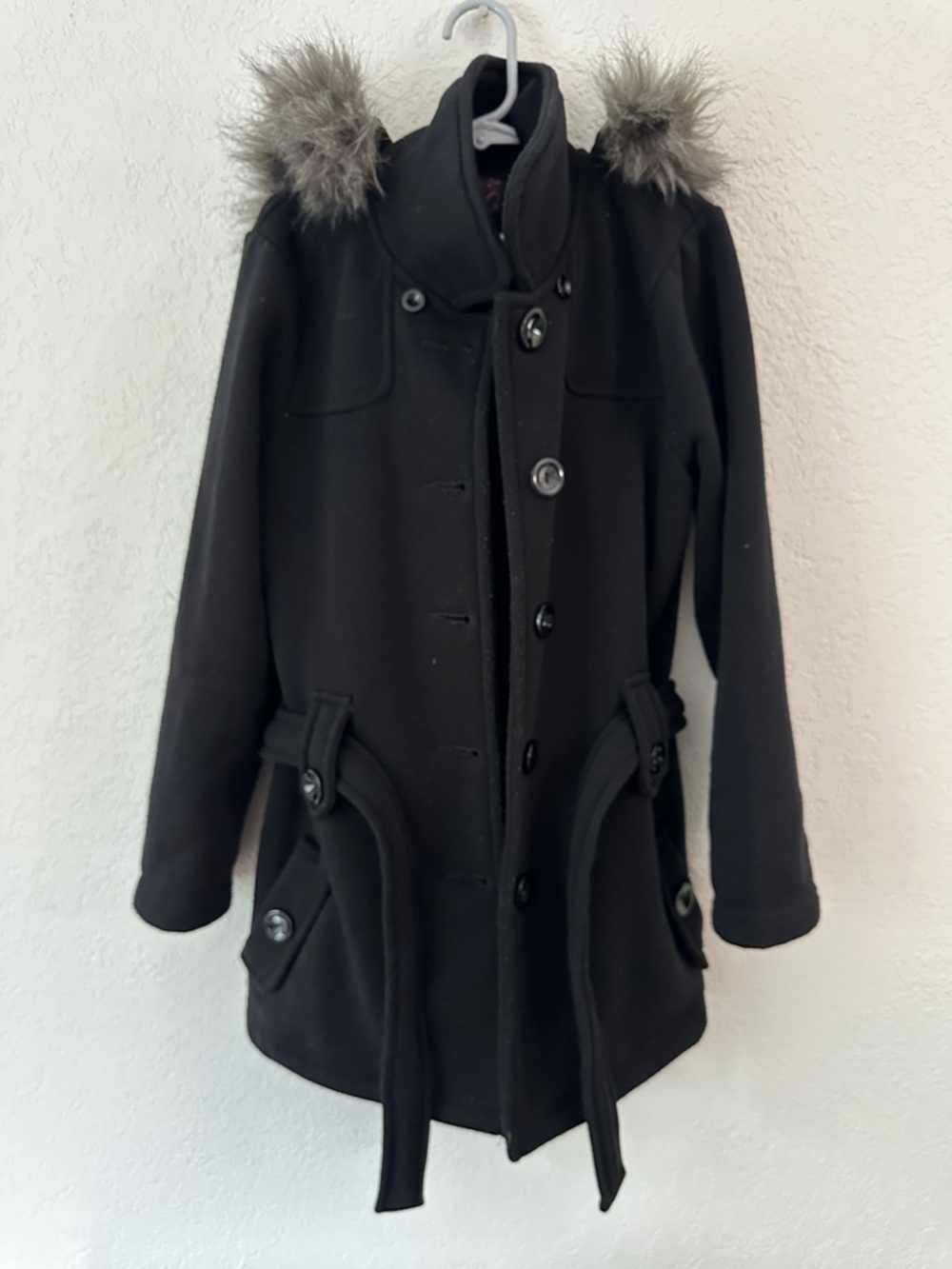 Unik Black Pea Coat with Faux Fur Trim
